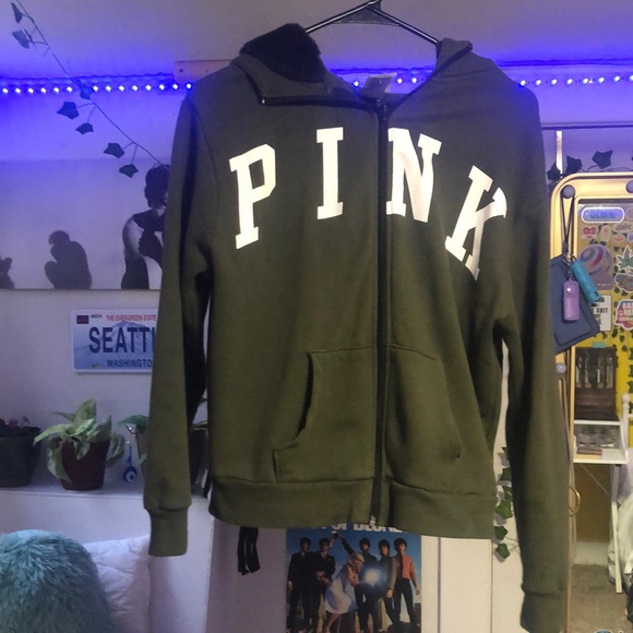 PINK Victorias Secret size XS army green zip up hoodie. - Picture 1 of 5